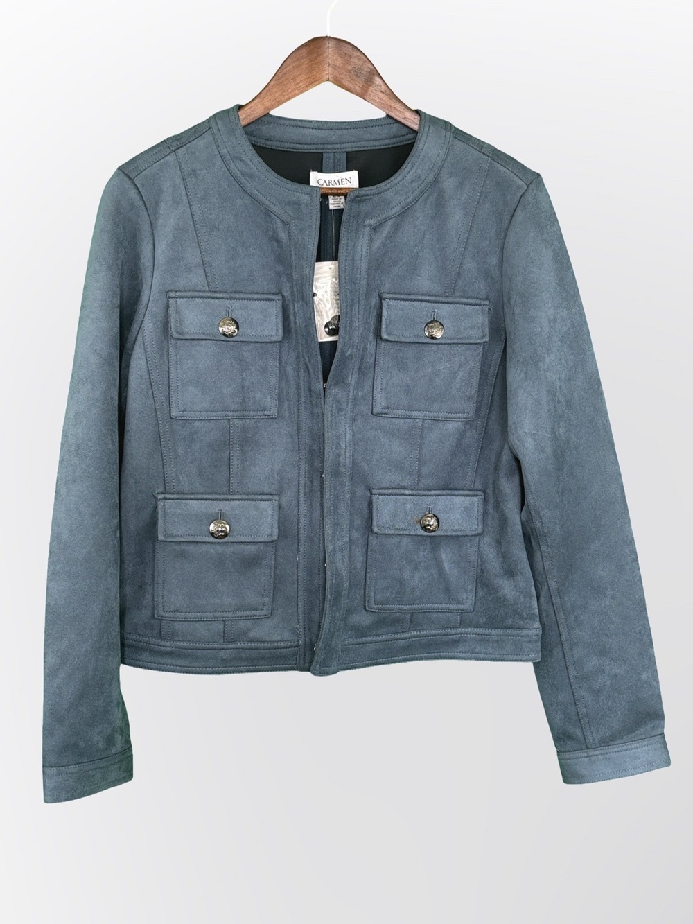 Carmen Marc Valvo Slate Blue Suede Utility Jacket